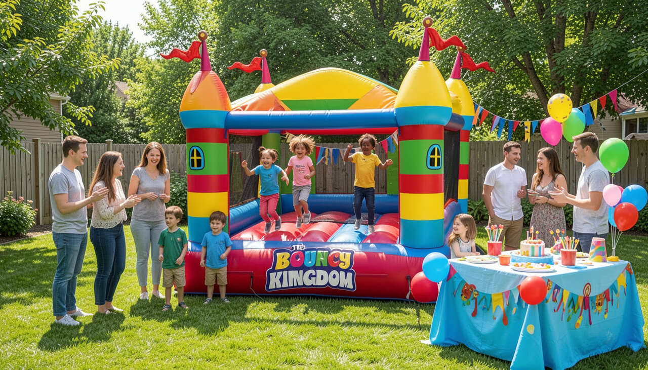 Children playing in affordable bounce house during backyard birthday party in Anna Texas
