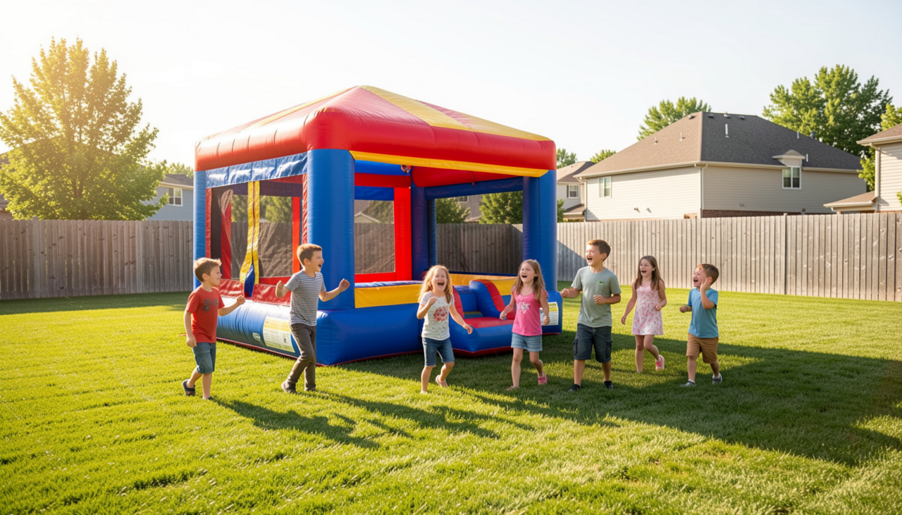 Cheap bounce house rentals in Plano TX set up in a clean backyard for a children’s birthday party