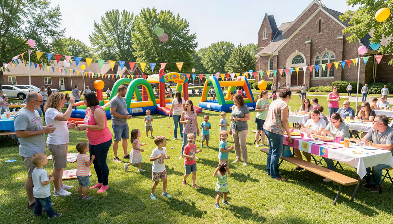 Outdoor church festival with inflatable obstacle course and families enjoying games and food