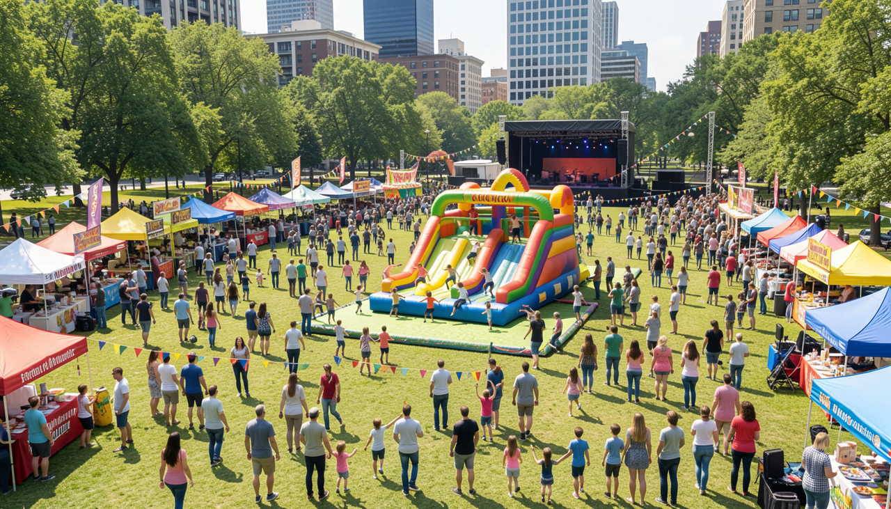 Kids playing on inflatable slides and bounce houses during a city festival event