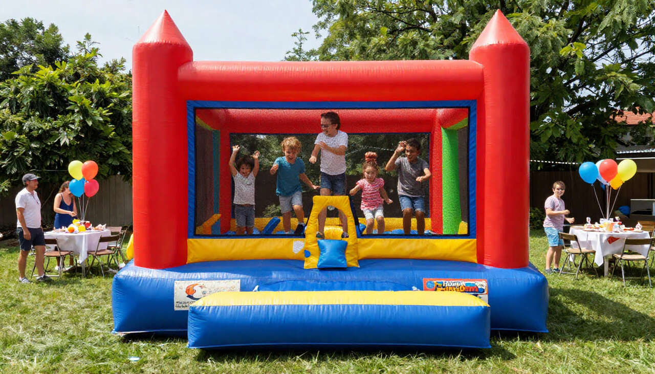 Kids jumping in classic bounce house rental at backyard party in Anna TX