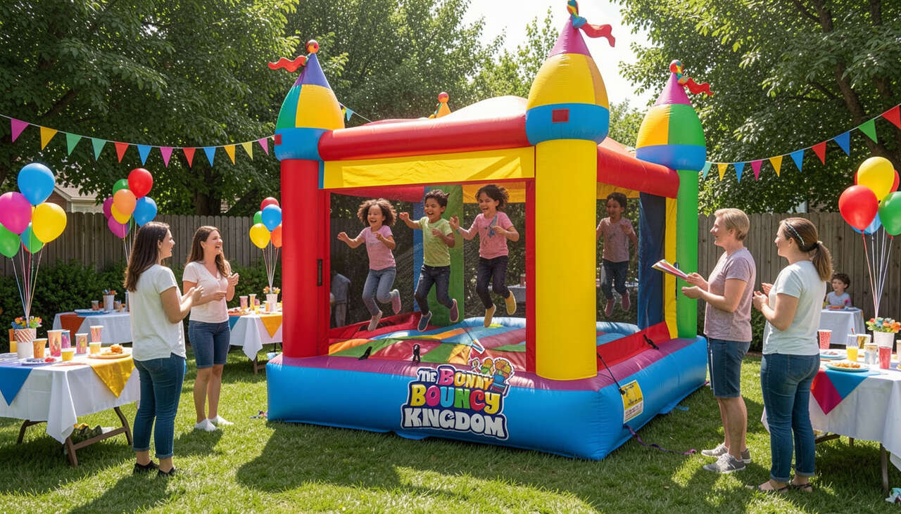Children playing inside classic inflatable bounce house during birthday party in Anna Texas