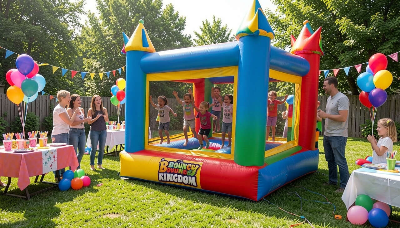 Classic inflatable bounce house at backyard birthday celebration in Anna TX