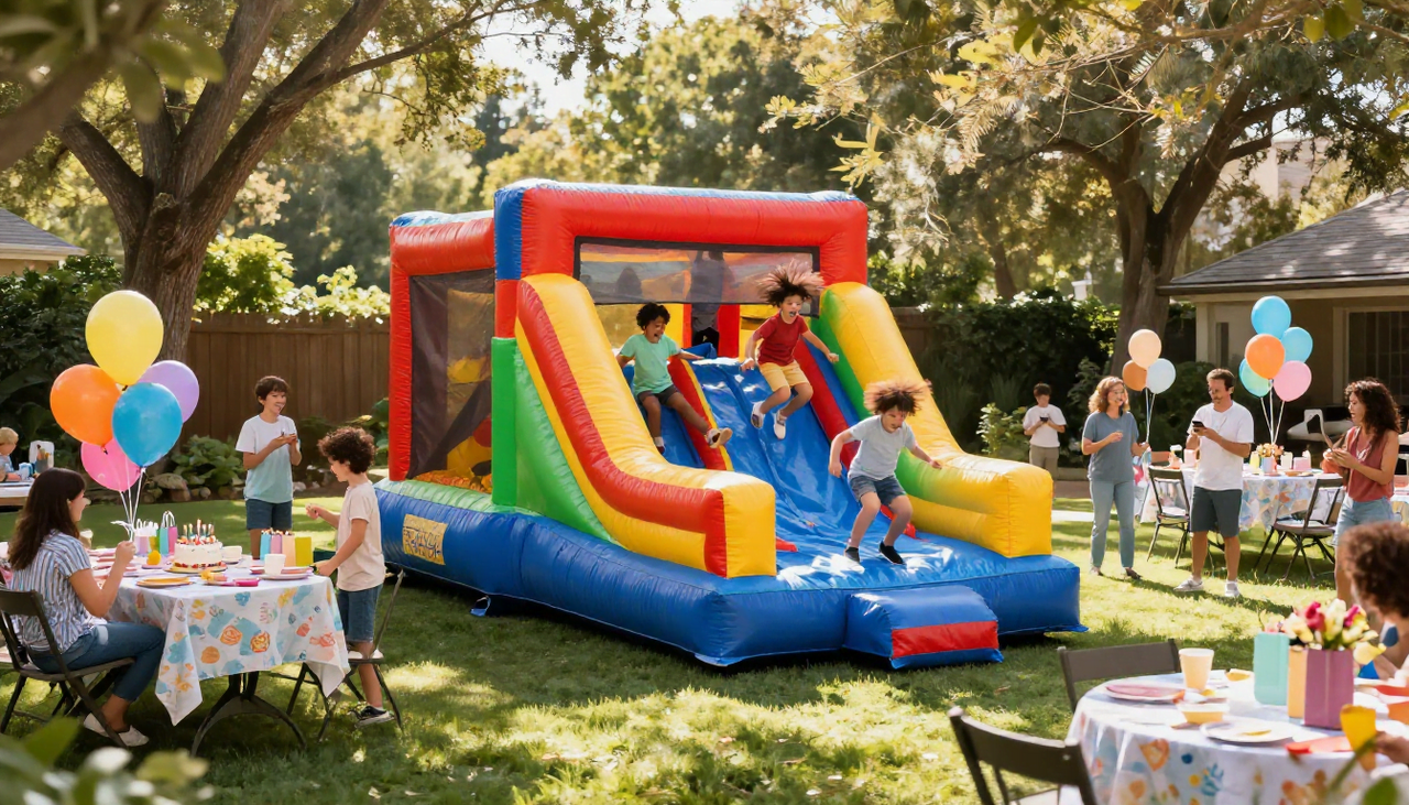 Kids playing in combo bounce house with slide at backyard party in Anna TX