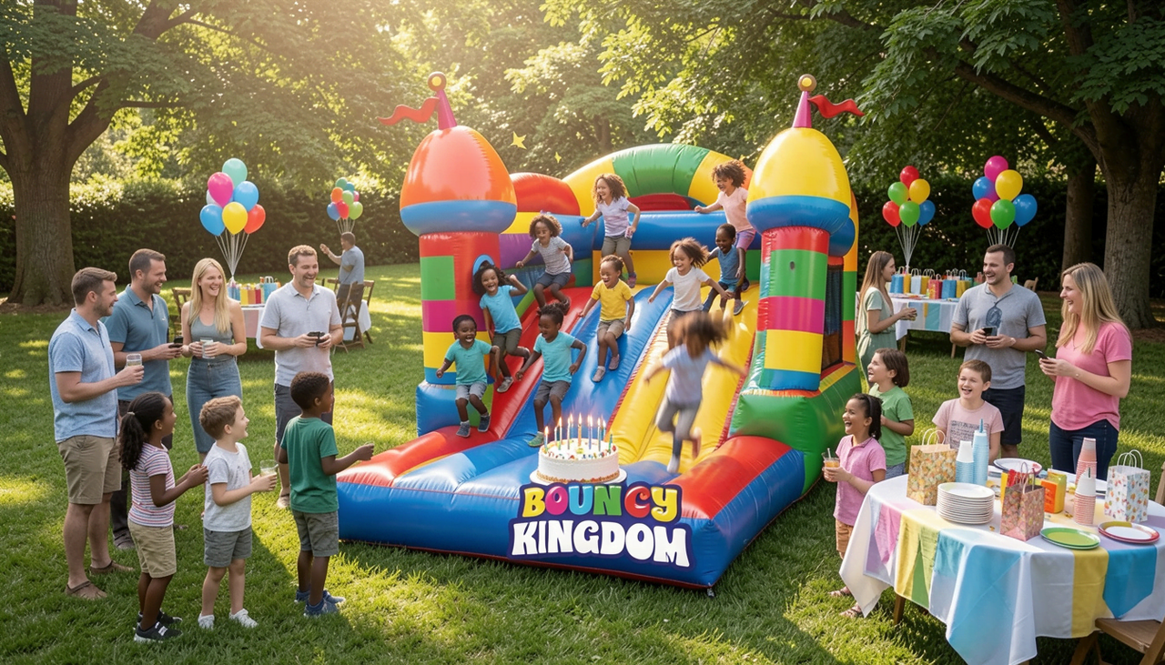 Children sliding down inflatable combo bounce house slide during birthday party in Anna Texas