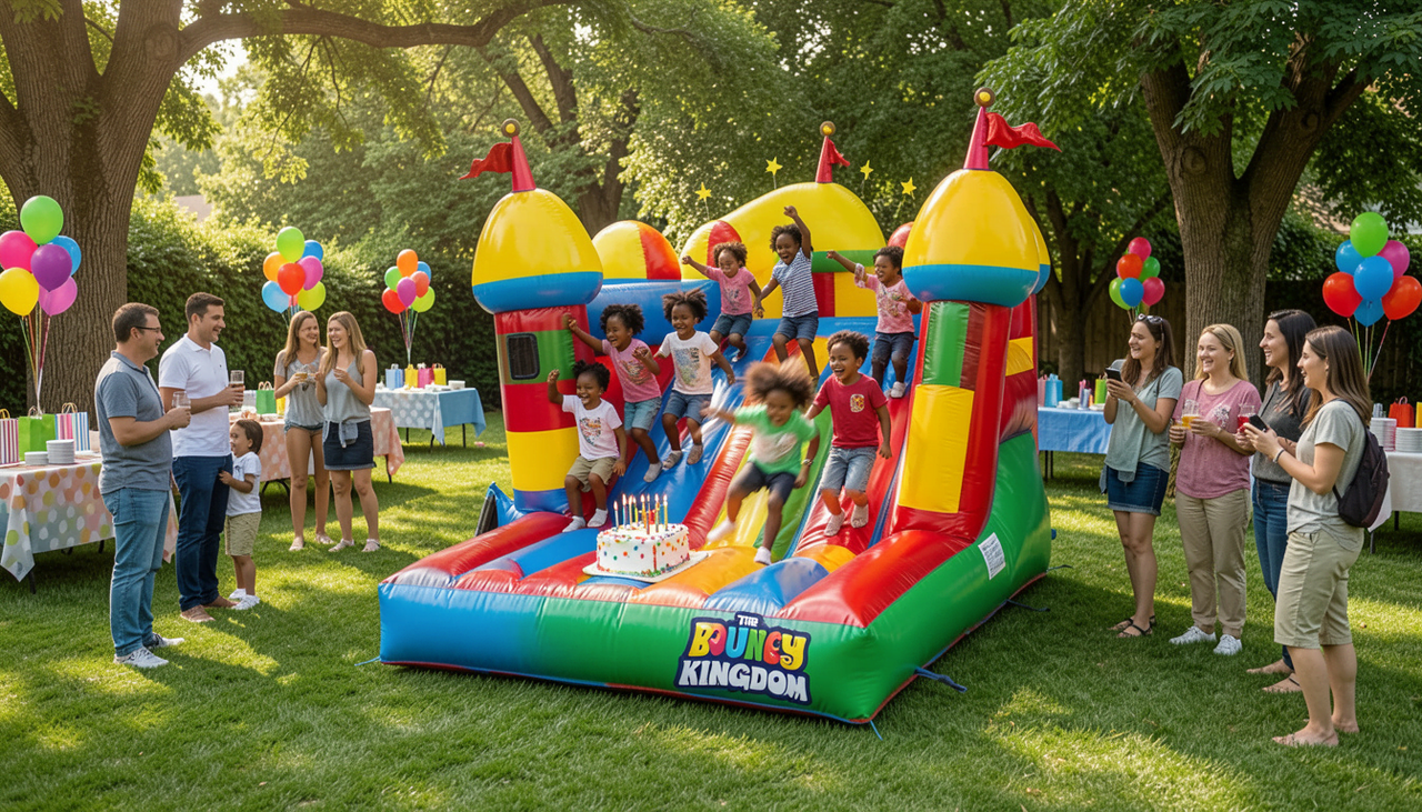 Inflatable combo bounce house with slide at backyard birthday celebration in Anna TX