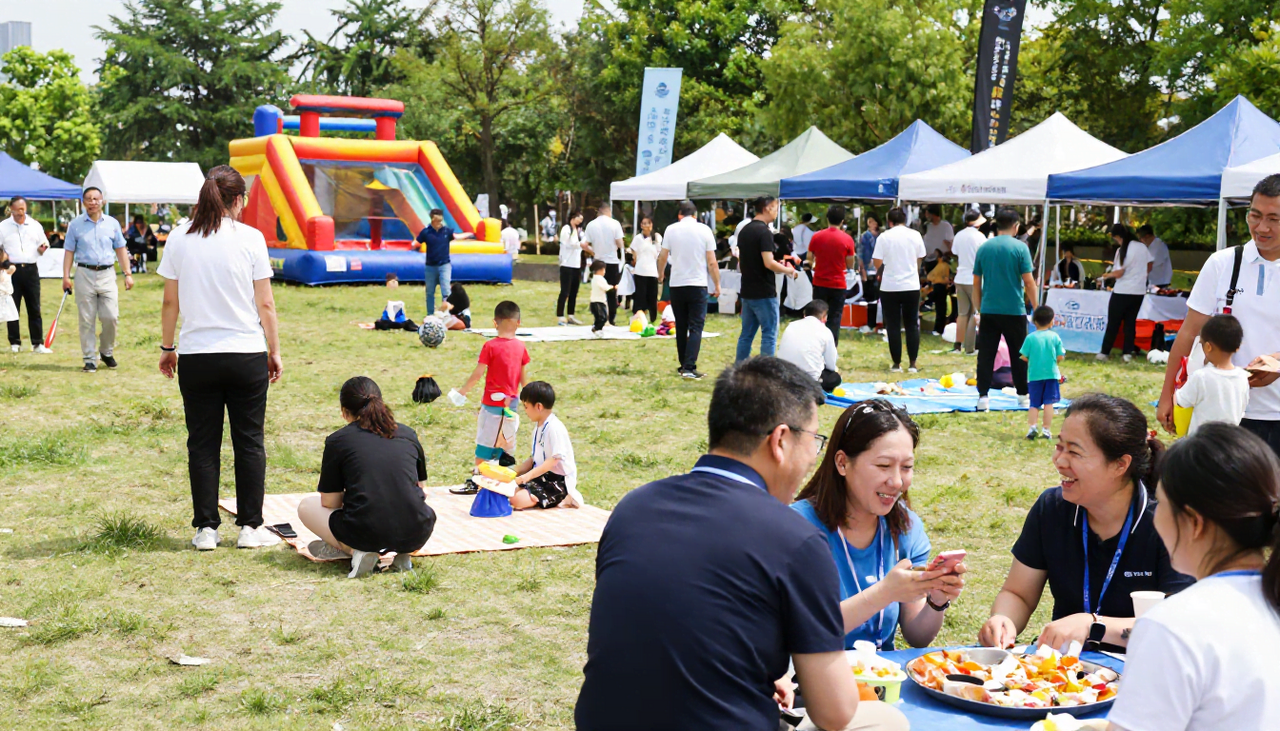 Company picnic with inflatable bounce houses obstacle course and families enjoying activities