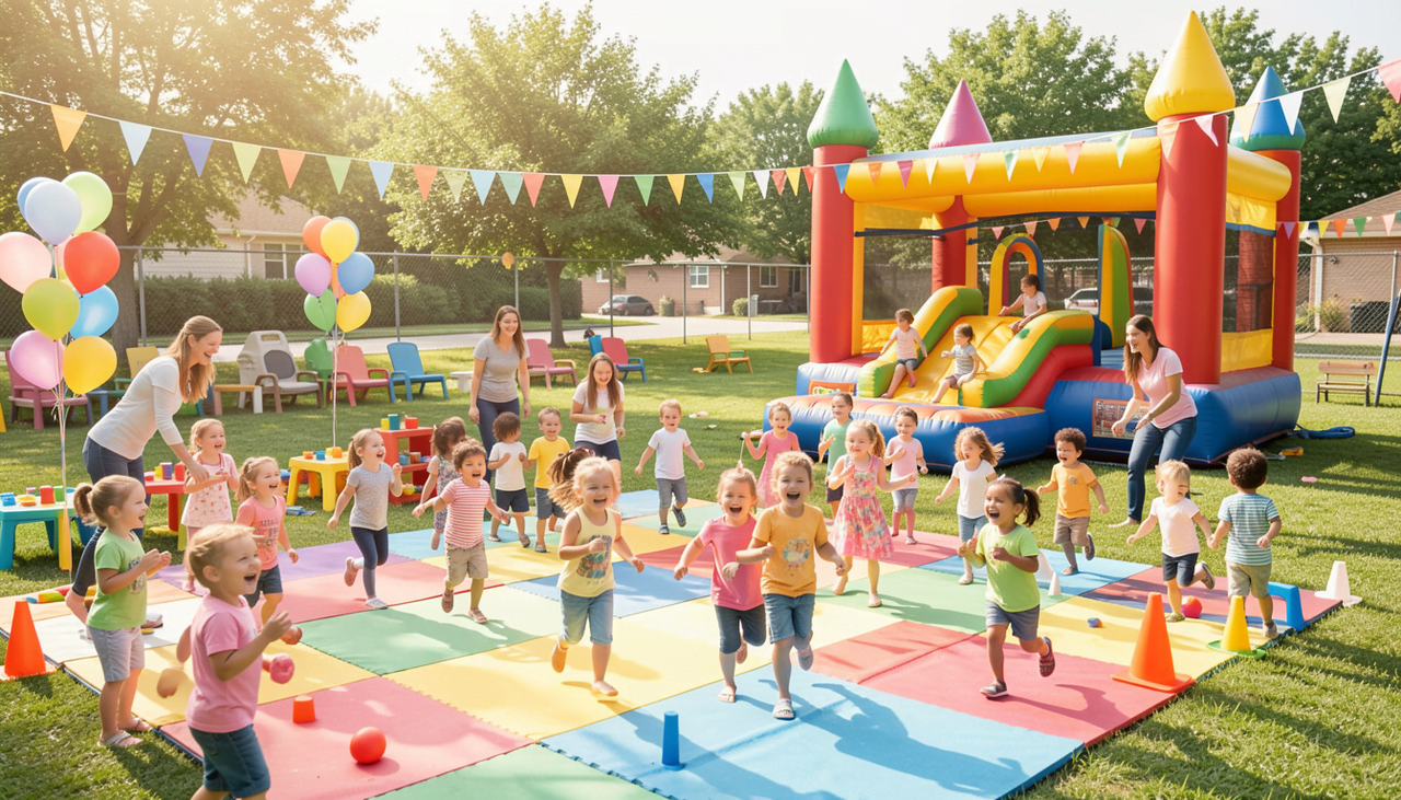 Children at day care playing on inflatable obstacle course during outdoor event