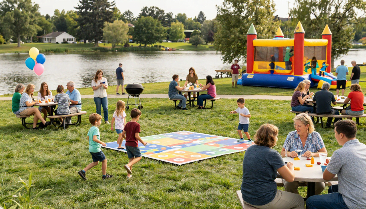 Family reunion event with inflatable games and children playing outside