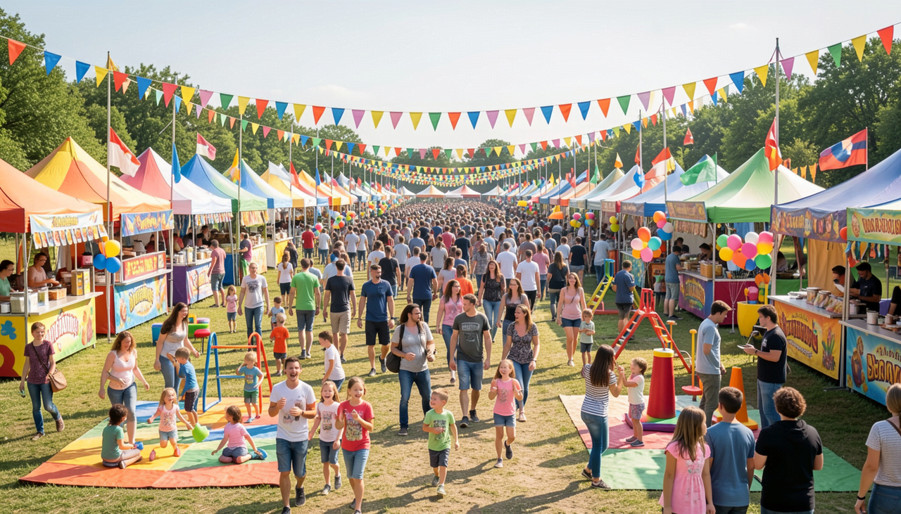 Large outdoor festival with inflatable obstacle course, children playing, and families enjoying food and entertainment