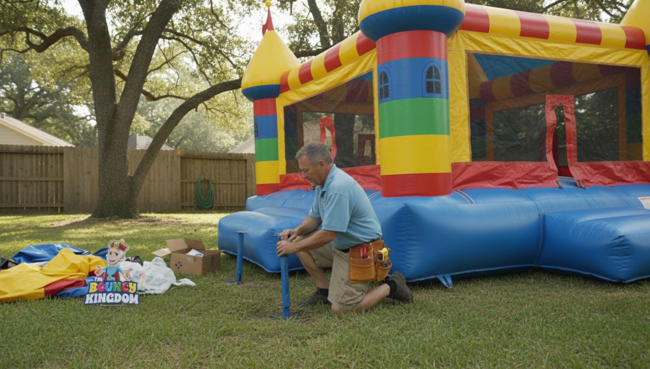 children playing inside colorful inflatable bounce house