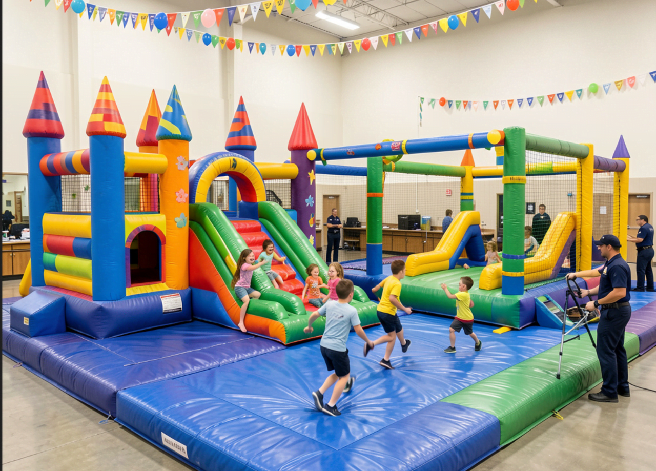 Children enjoying indoor inflatable bounce house during birthday celebration in Anna TX