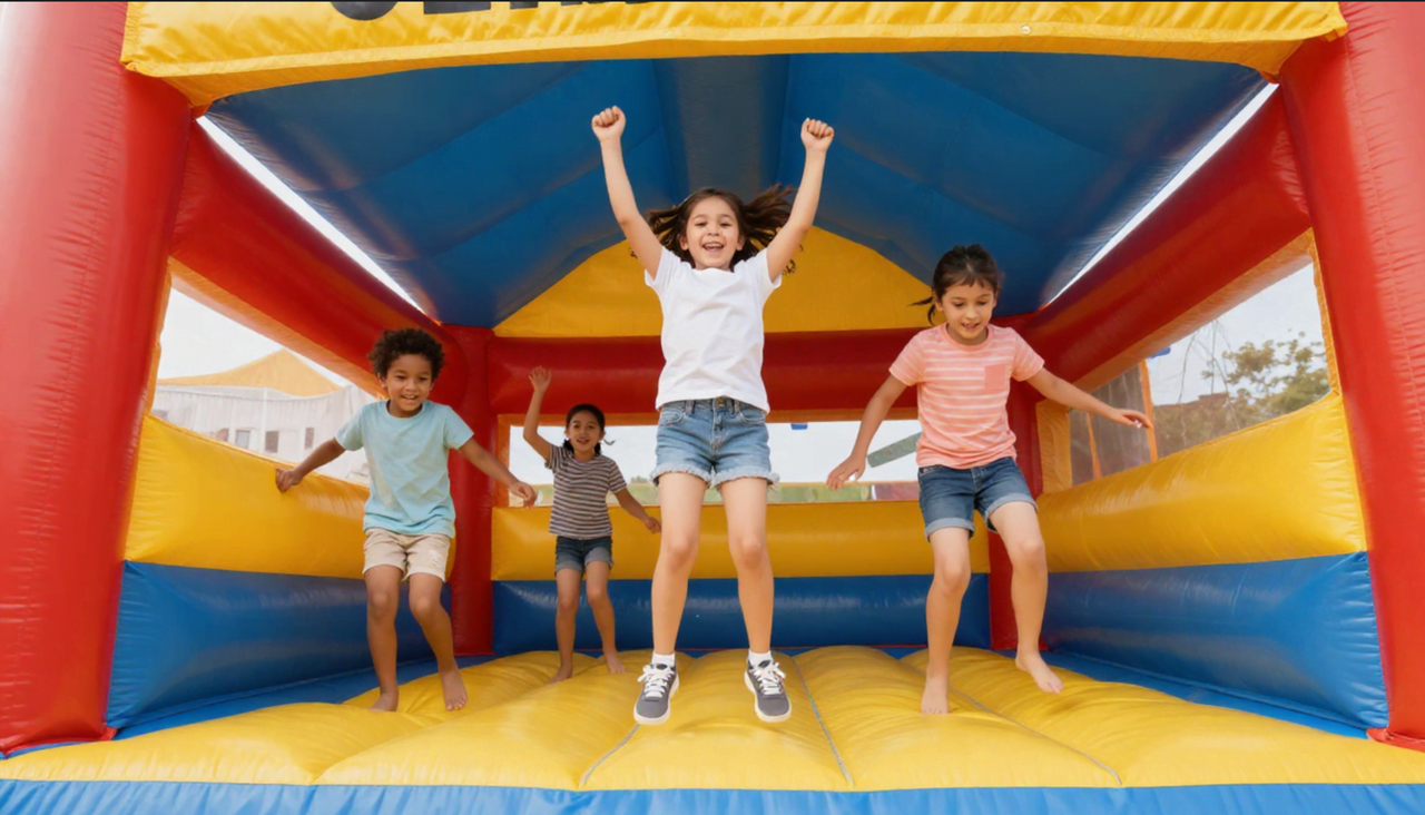 Children jumping inside inflatable bounce house during school field day in Anna Texas