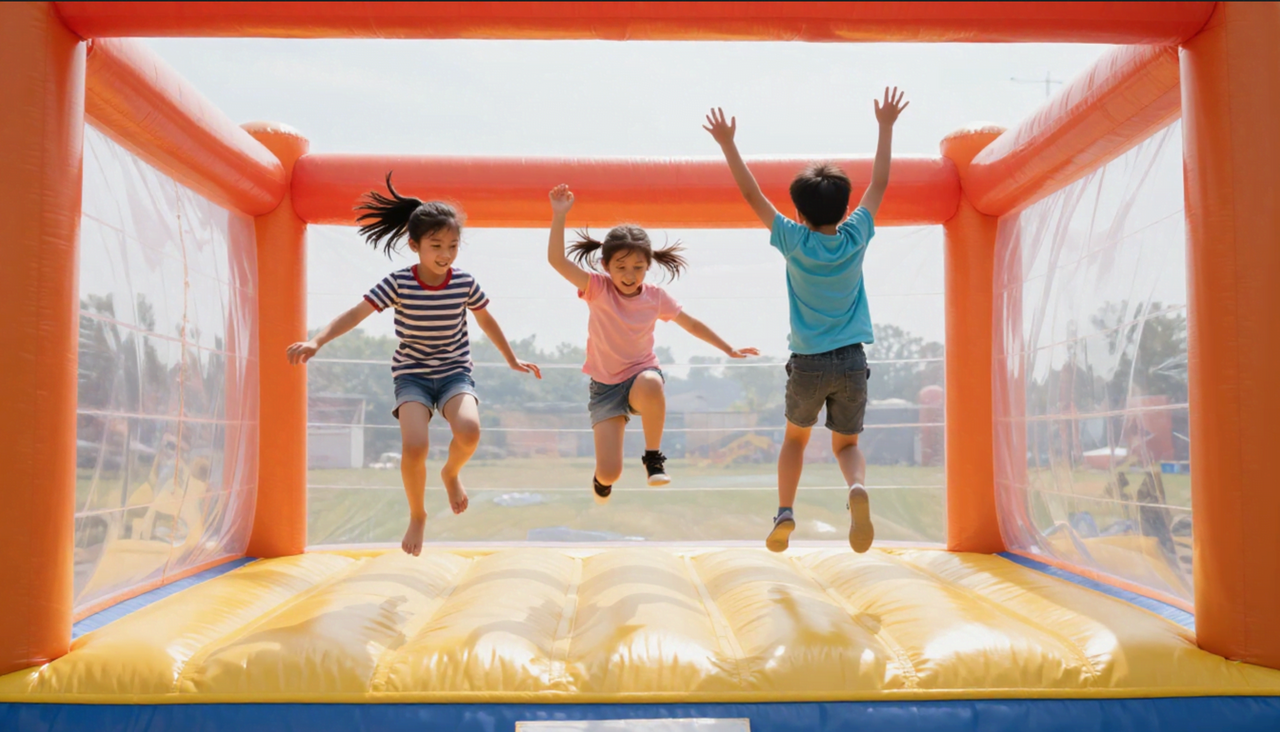 Students playing in bounce house at outdoor school celebration in Anna TX