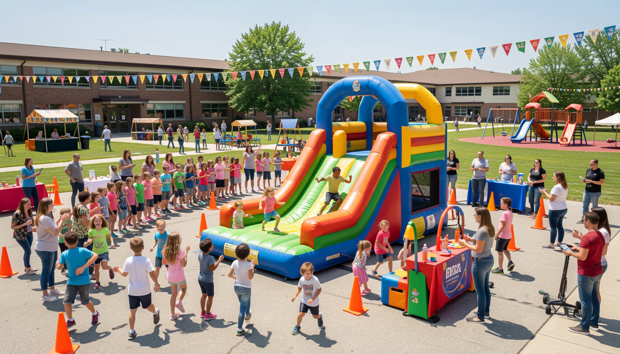Students playing on inflatable games during school field day event