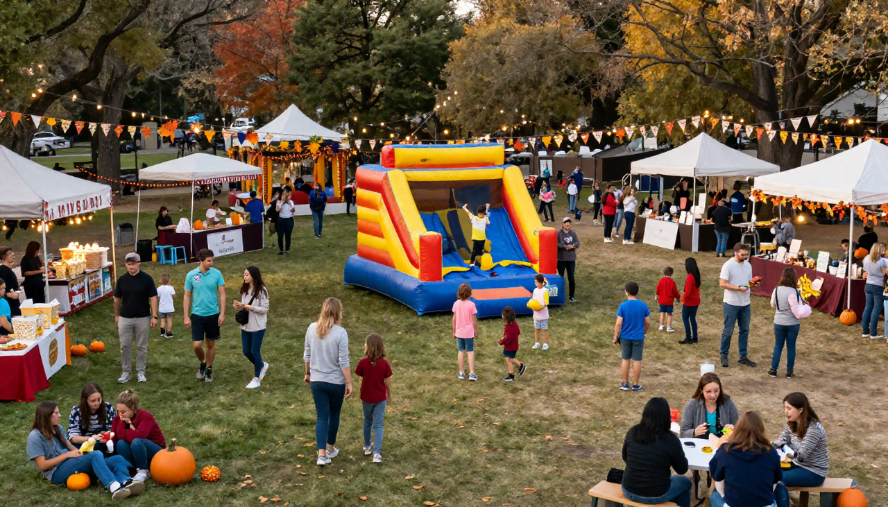 Children playing on inflatable slides during a seasonal community event