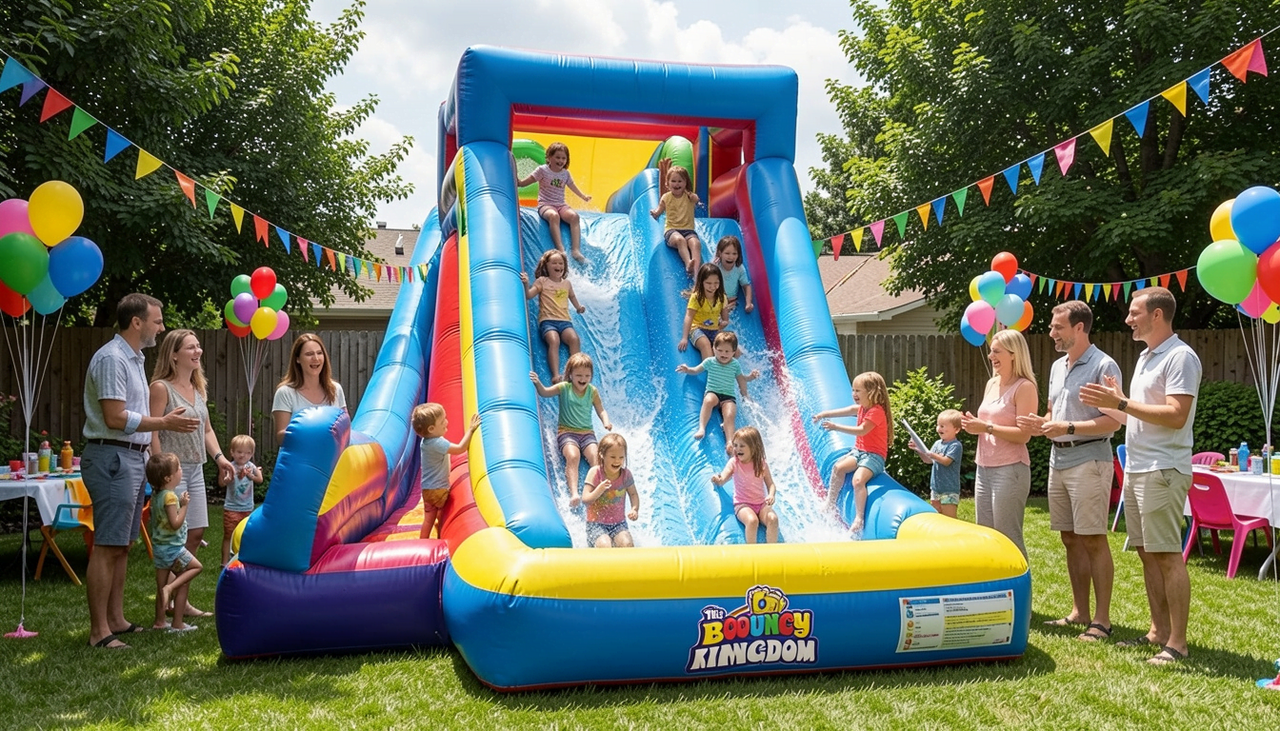Kids enjoying inflatable water slide rental at backyard party in Anna TX