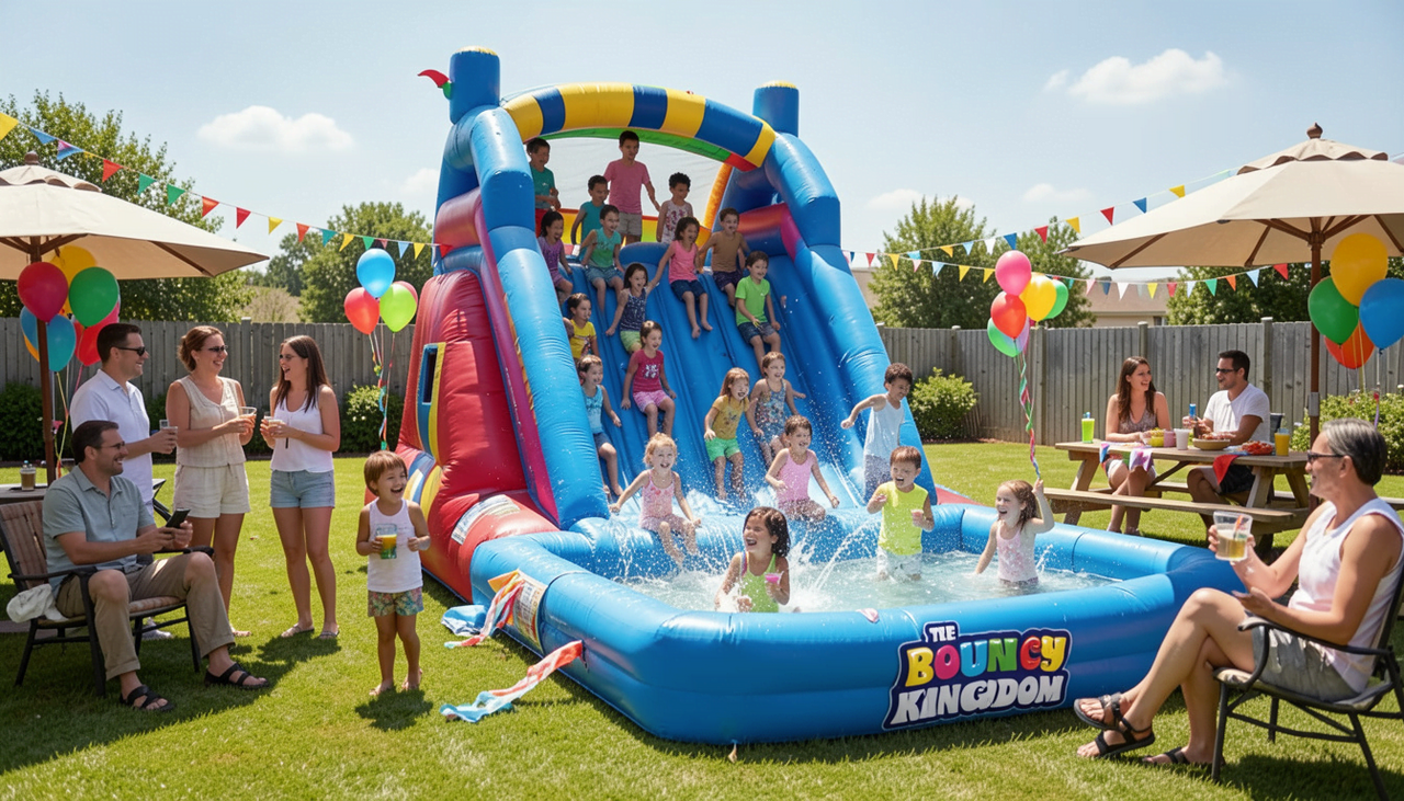 Children sliding down inflatable water slide during birthday party in Anna Texas