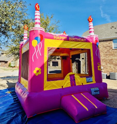 (41) Pink Birthday Bounce House with Basketball Hoop