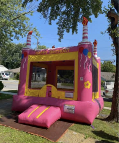 (41) Pink Birthday Bounce House with Basketball Hoop