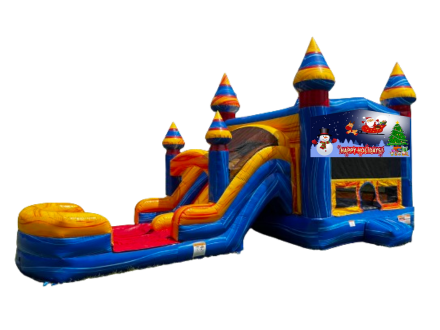 Blueish Happy Holidays Banner Bounce House with Slide in Memphis