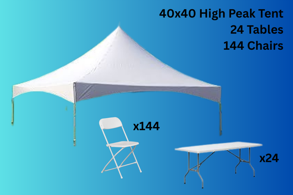40x40 Party Tent Package with 24 Tables and 144 Chairs