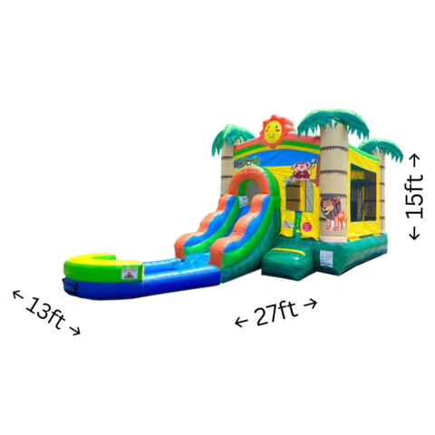 Happy Jungle Smiley Face Bounce House Slide with Pool