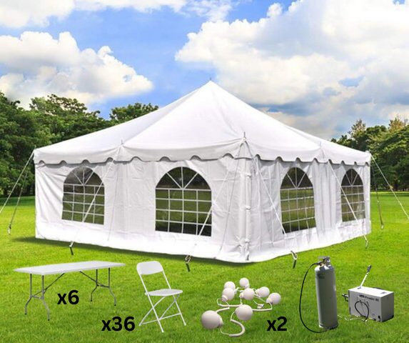 Package Deal 20*20 tent, 6 tables, 36 chairs, lights, sidewalls and heater