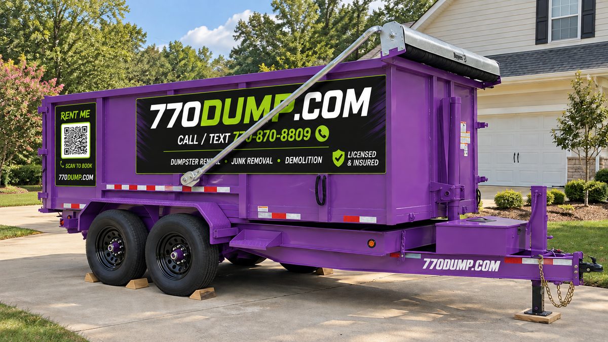 Purple 770dump dumpster ready to drop off