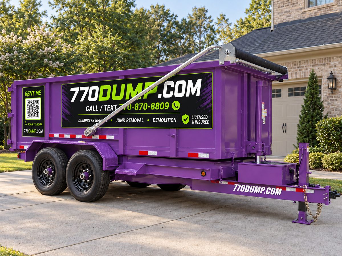 Purple 770dump dumpster on a residential driveway