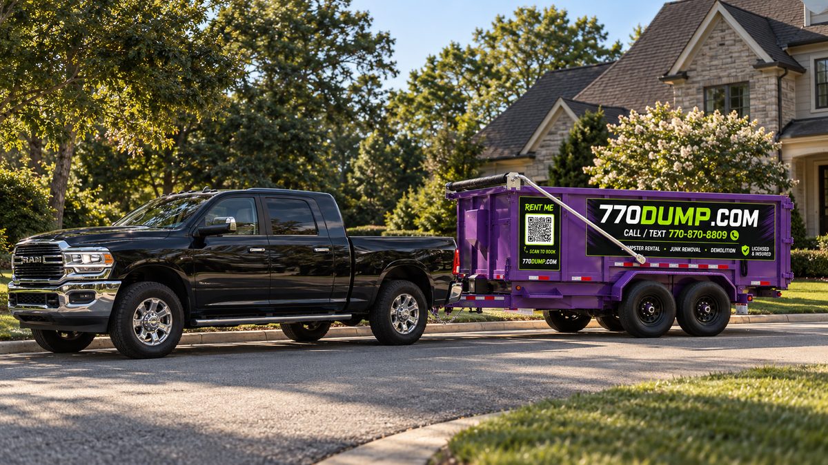 purple 770dump dump trailer hitched to a pickup truck