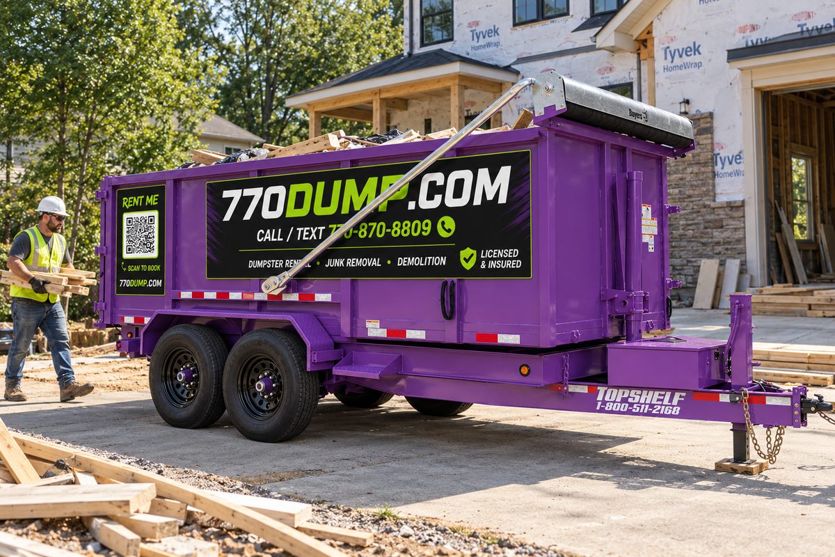 Contractor working next to a purple 770dump dumpster on a jobsite