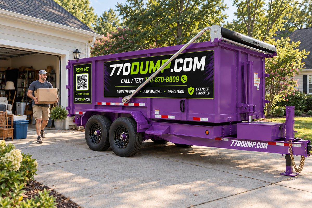 Homeowner clearing a garage next to a purple 770dump dumpster