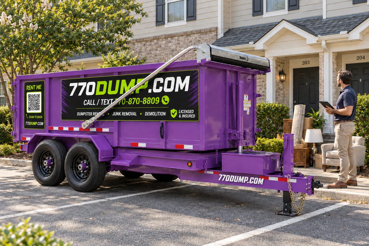 Property manager beside a purple 770dump dumpster outside a home