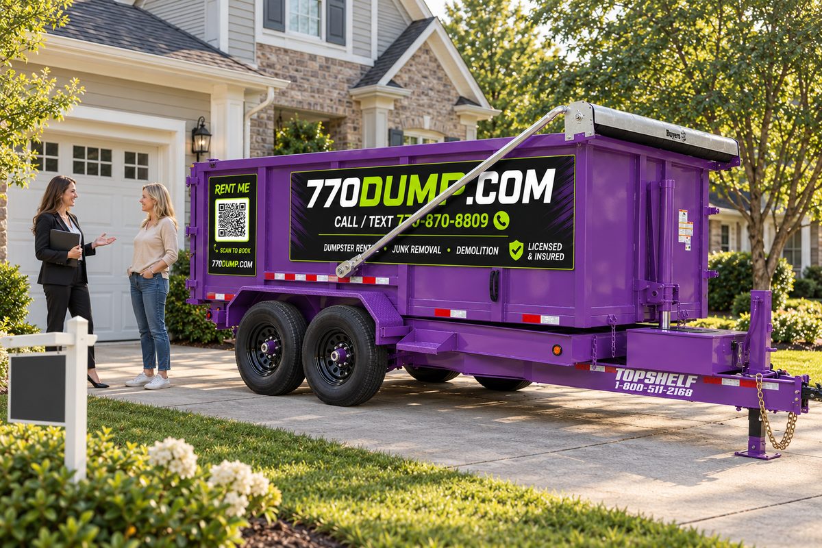 Realtor and clients in front of a home with a purple 770dump dumpster