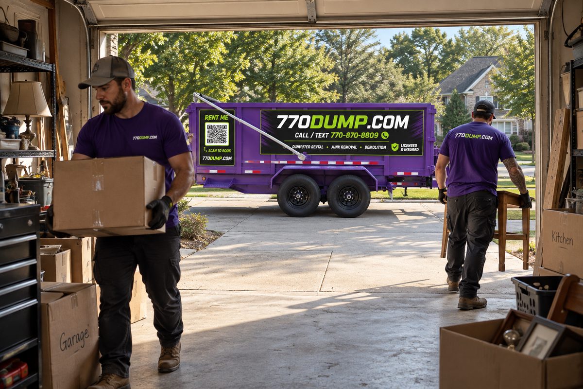 770dump crew carrying boxes out of a garage to a purple dumpster