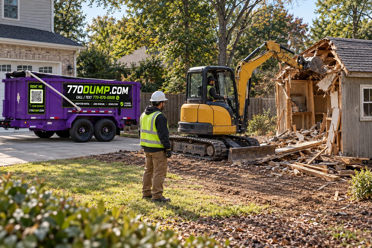 770dump crew on a light demolition job next to a purple dumpster