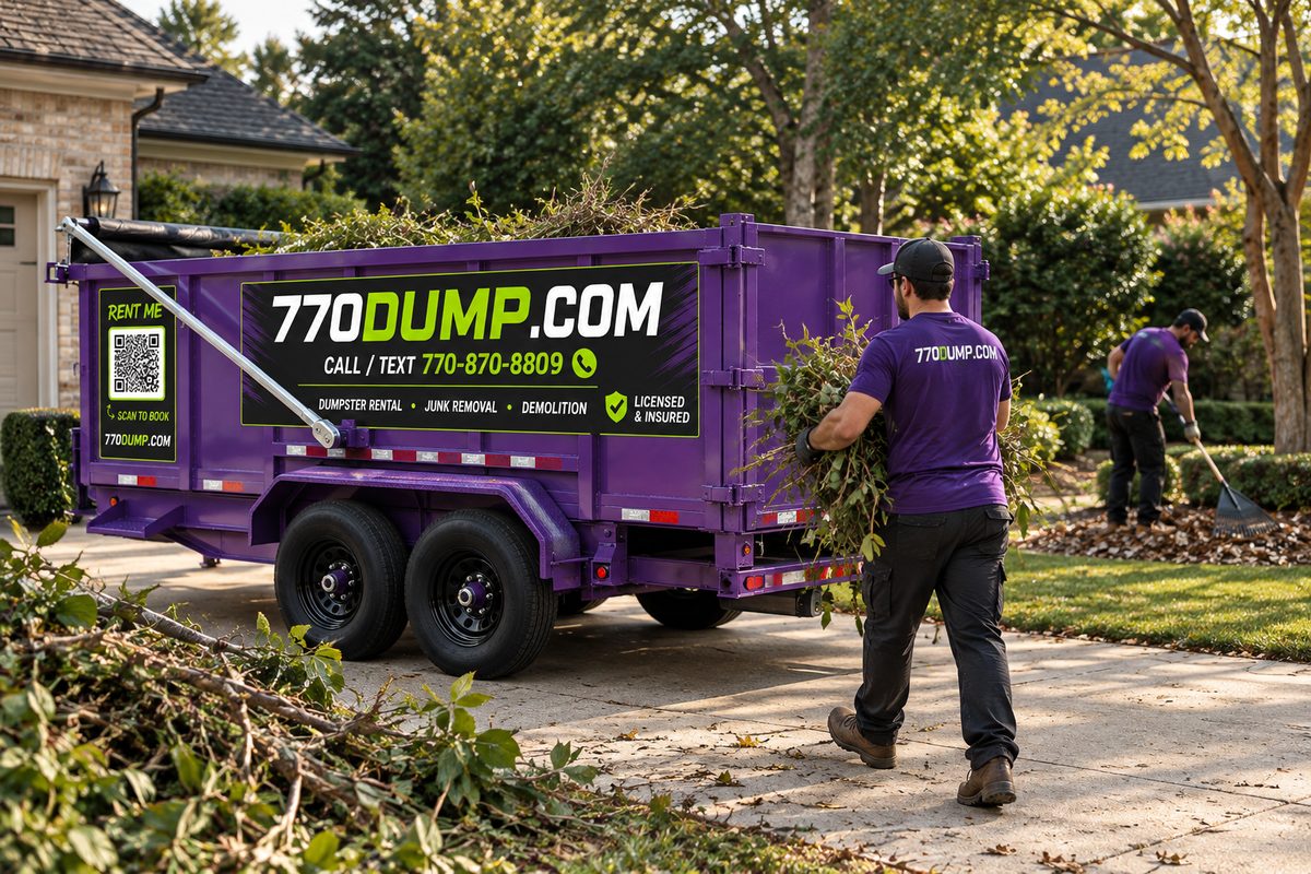 770dump crew loading yard waste and brush into a purple dumpster