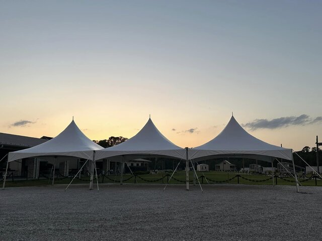 High peak event tents at dusk