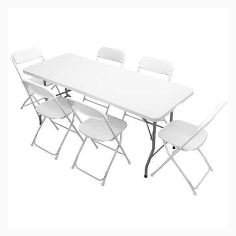 6' WHITE, FOLDING TABLES (1) AND WHITE, FOLDING CHAIRS (6)