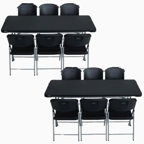 6' BLACK, FOLDING TABLES (2) AND BLACK, FOLDING CHAIRS (12)