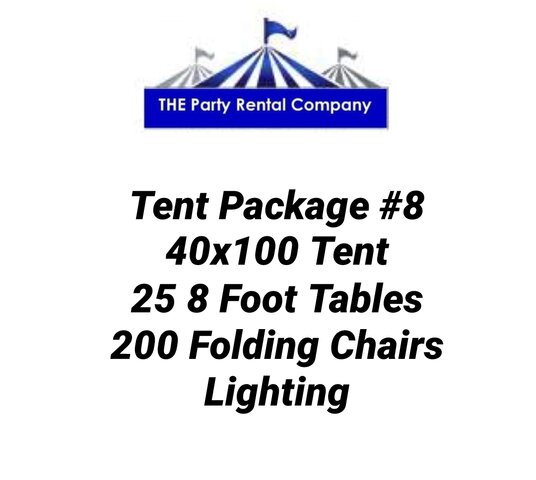 Tent Package #8 - 40x100 Tent, 25 - 8' Tables,  200 White Chairs & 1 Bistro Light Strand