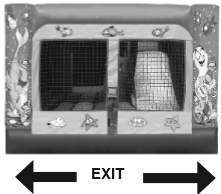 Decorative graphic; bounce house entrance with exit sign underneath.