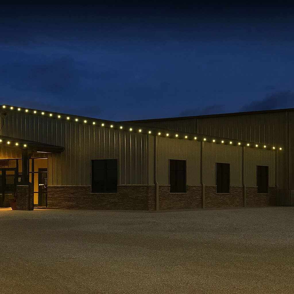 Warm White Lights on a Commercial Building Warm White Lights on a Commercial Building