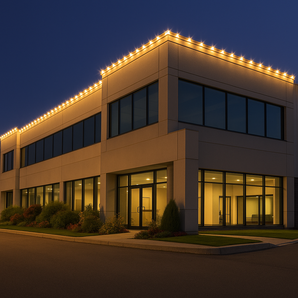 Warm White Christmas Lights on an Office Building Warm White Christmas Lights on an Office Building