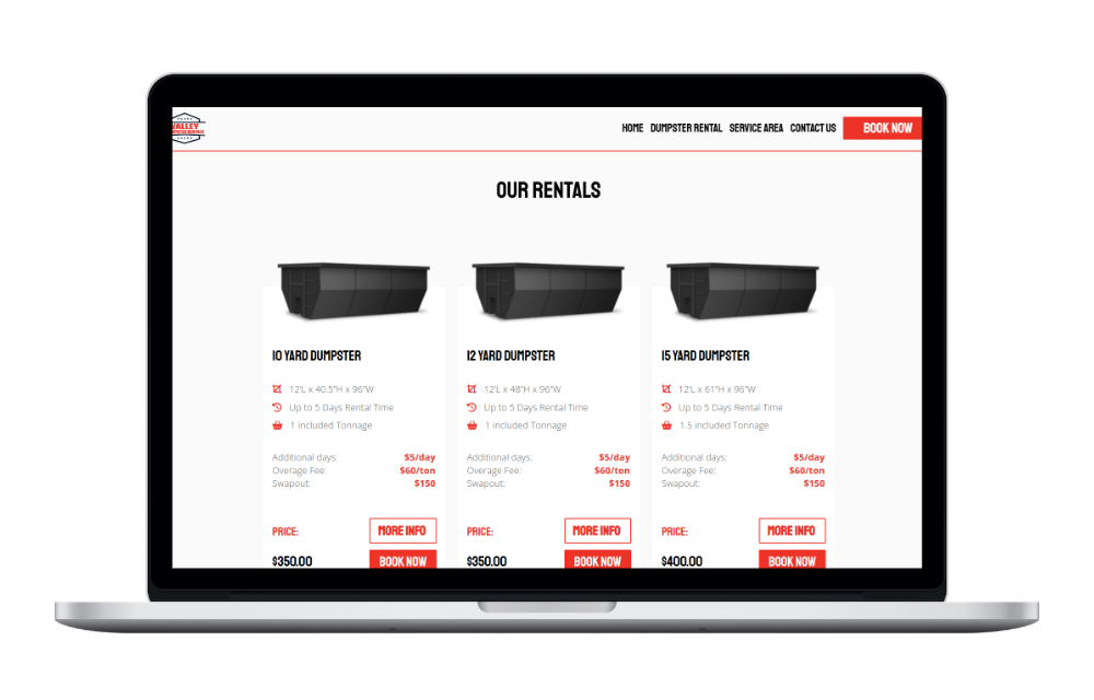 Dumpster size options displayed on the Valley Dumpster Rentals website
