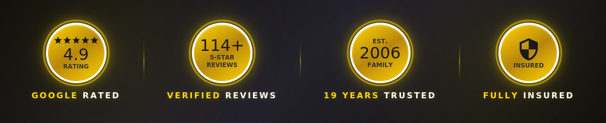 Vertical Entertainment trust badges - 4.9 star Google rating, 114+ verified 5-star reviews, family-owned since 2006, fully insured New Hampshire event rental company