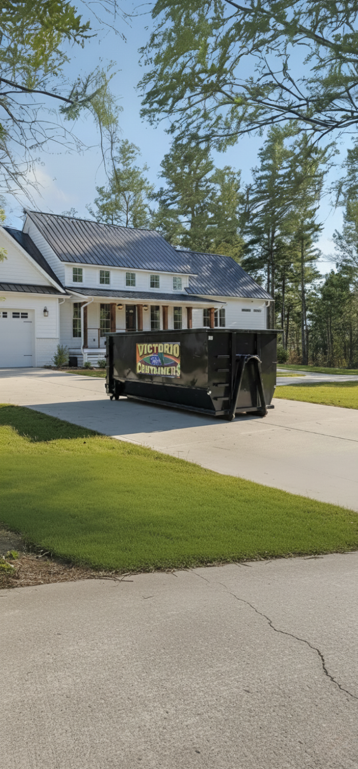 Black **Victorio Containers dumpster** on a residential driveway.
