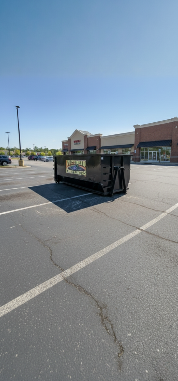 Black **Victorio Containers dumpster** in a commercial parking lot.