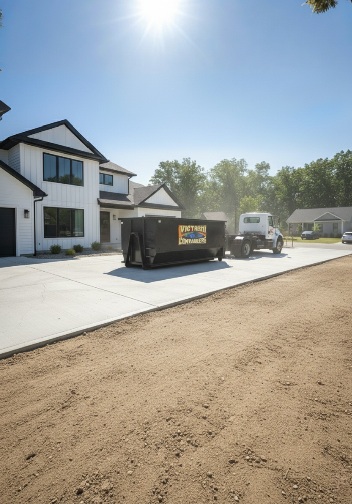 **Victorio Containers** roll-off truck delivering a black dumpster to a modern house construction site.